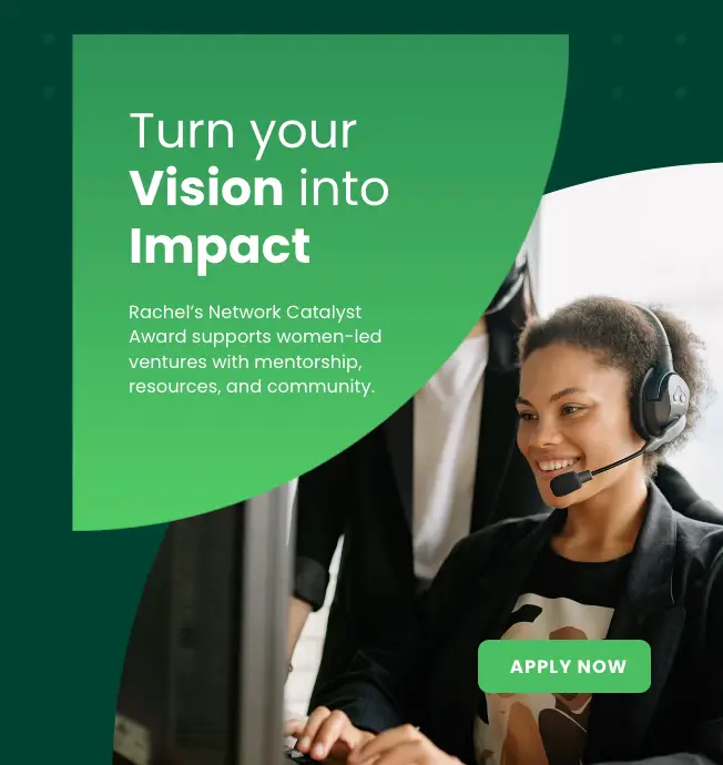 Flyer promoting the Rachel’s Network Catalyst Award 2026 for mid-career women environmental leaders of color, offering financial support, leadership services, and public recognition