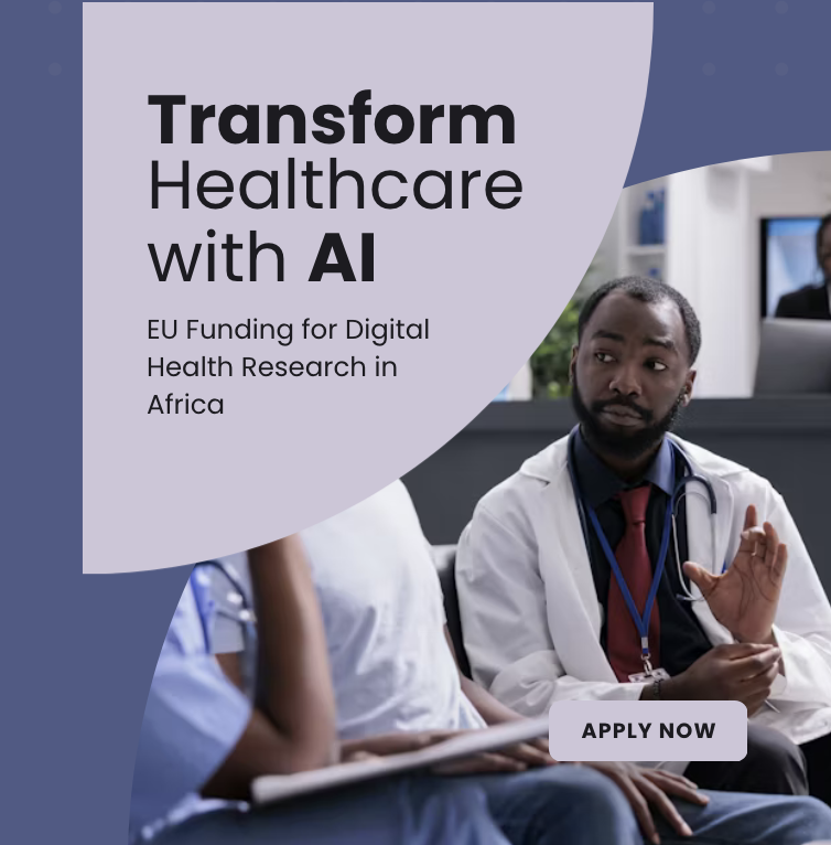 Flyer promoting EU Horizon Europe funding for Digital Innovation and Artificial Intelligence in Health Research in Africa