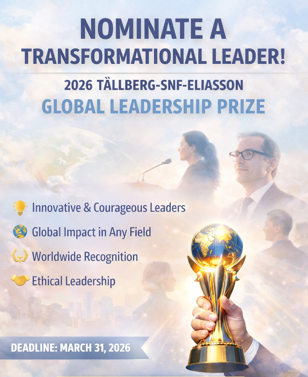 Nominate a Transformational Leader for the 2026 Tällberg-SNF-Eliasson Global Leadership Prize