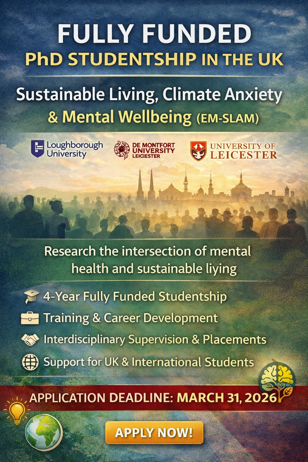 Fully Funded EM-SLAM PhD Studentship 2026 in the UK: Research Sustainable Living, Climate Anxiety, and Mental Wellbeing