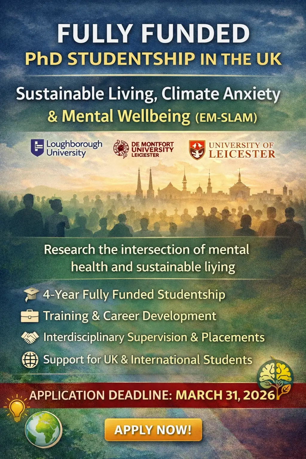 Fully Funded EM-SLAM PhD Studentship 2026 in the UK: Research Sustainable Living, Climate Anxiety, and Mental Wellbeing