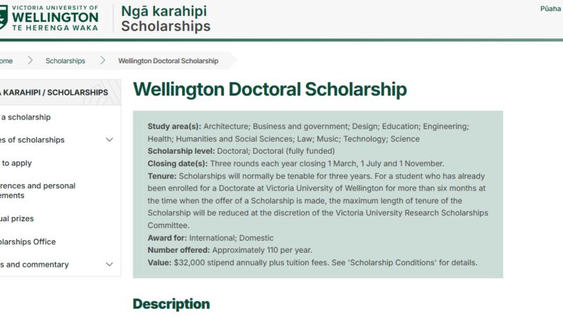 Fully Funded PhD in New Zealand 2026: Wellington Doctoral Scholarships (NZD $32,000 Stipend + Tuition)