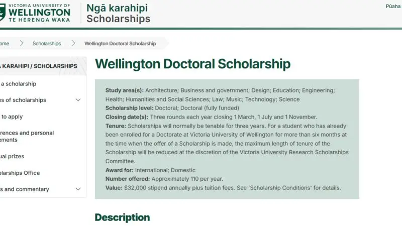 Fully Funded PhD in New Zealand 2026: Wellington Doctoral Scholarships (NZD $32,000 Stipend + Tuition)